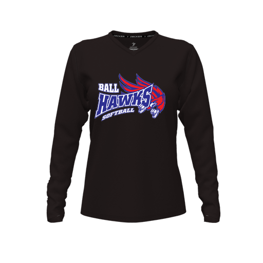 [CUS-DFW-TEES-CMF-VNK-LSL-BLK-FYXS-LOGO1] Decker Comfort T-Shirt (Female Youth XS, Black, V Neck, Logo 1, Long Sleeve)