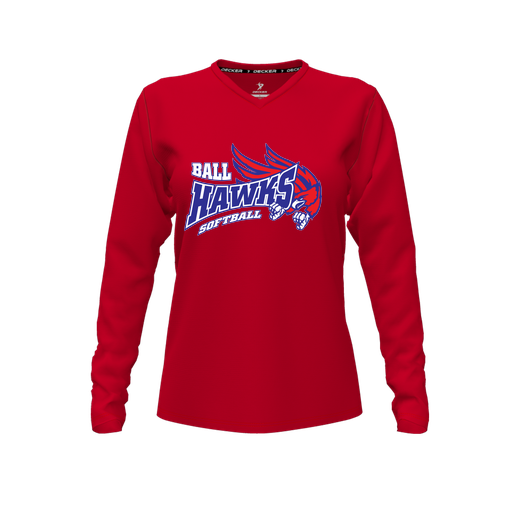 [FTLVCFRD-FYXS-LOGO1] Decker Comfort T-Shirt (Female Youth XS, Red, V Neck, Logo 1, Long Sleeve)