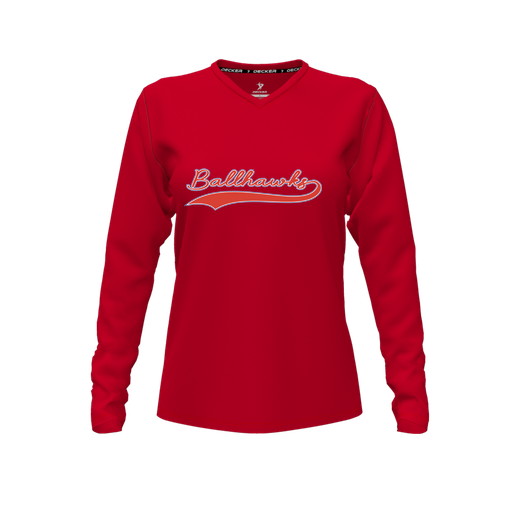 [FTLVPTRD-FYXS-LOGO3] Decker Performance T-Shirt (Female Youth XS, Red, V Neck, Logo 3, Long Sleeve)